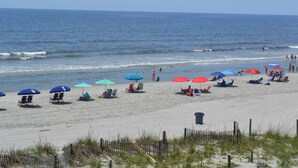 A beach with rows of beach chairs and umbrellas, a wooden fence in the foreground, and the ocean in the background.