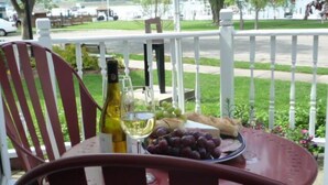 Une table avec une bouteille de vin blanc, un verre et un bol de raisins sur une chaise rouge.