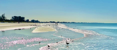 På stranden, solstolar och strandhanddukar