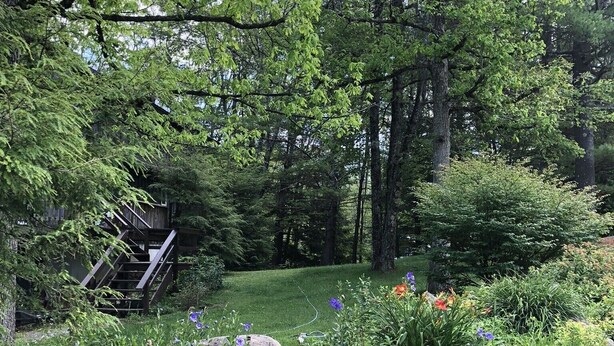A garden with a wooden staircase leading up to a deck, surrounded by lush greenery and various plants. - lake George Adirondack Chalet  (Lake George)