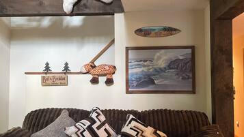 Smart TV, fireplace, DVD player, books