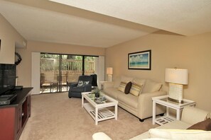 Flat-screen TV, DVD player, books, stereo