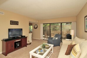 Flat-screen TV, DVD player, books, stereo