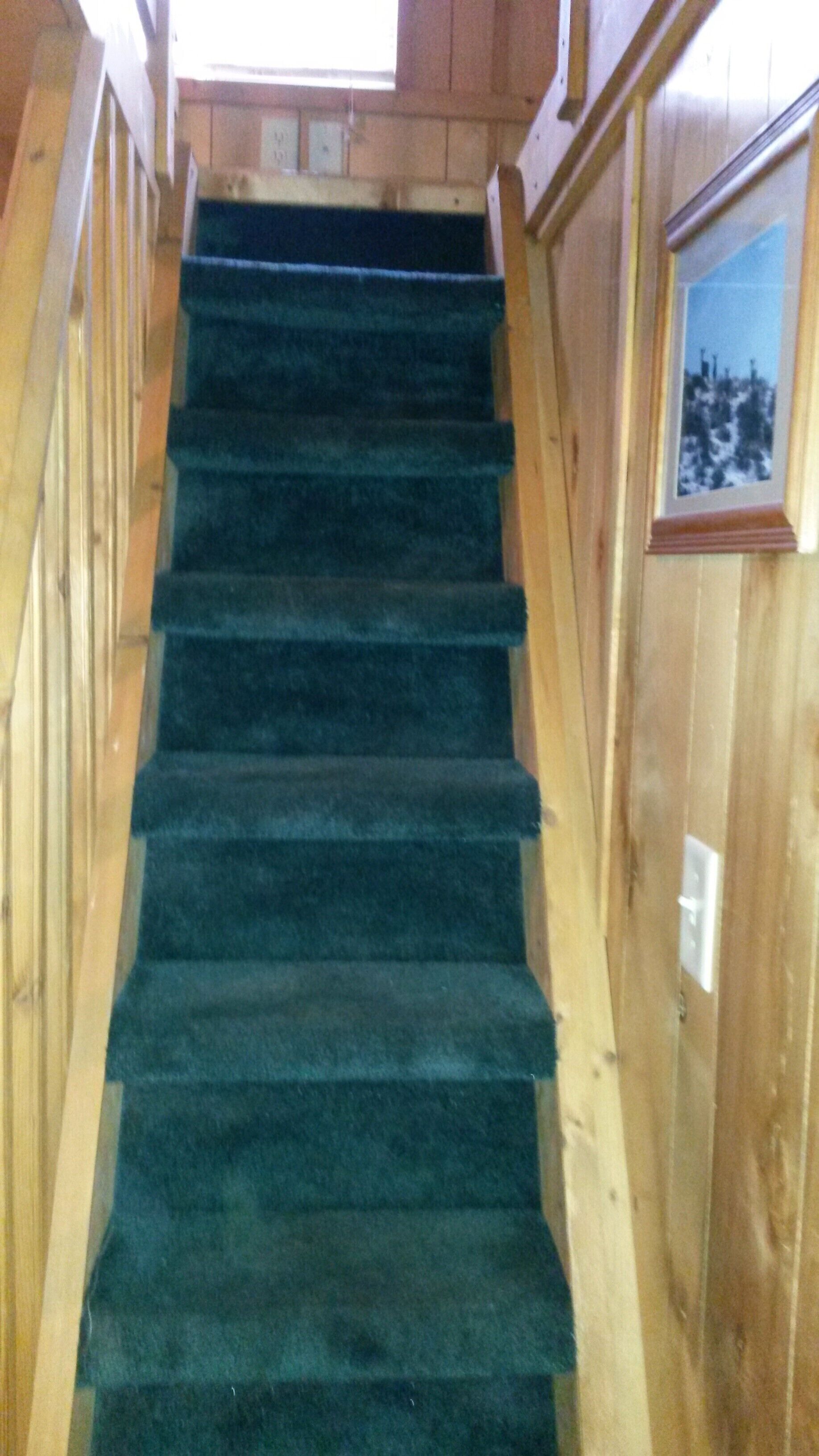 Una escalera de madera con peldaños alfombrados que conduce a una plataforma.