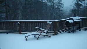 A wooden deck with a bench and a grill, surrounded by a snowy landscape and trees.
