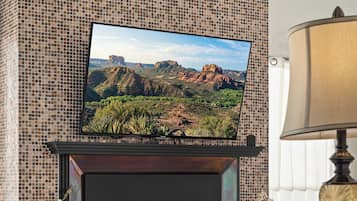 Smart-tv, eldstad, böcker och printers