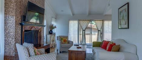 Télévision, cheminée, lecteur de DVD, livres