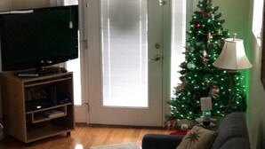Un salon avec un téléviseur posé sur un meuble en bois, un canapé gris foncé, un sapin de Noël et une lampe.