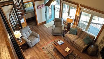 Smart TV, fireplace, books