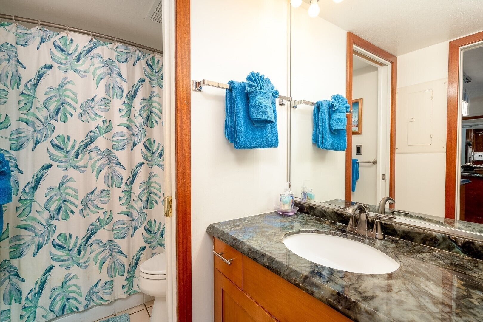 The Master Bath ensuite has a separate vanity and sink with granite countertop.