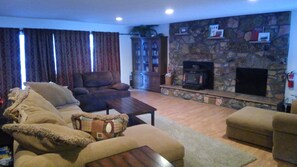 Smart TV, fireplace, DVD player, books