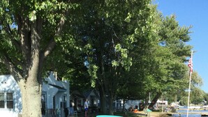 A grassy area with a picnic table and chairs, a large tree, and a house in the background. - 3 bedrooms sleeps up to 10 people (Warsaw)