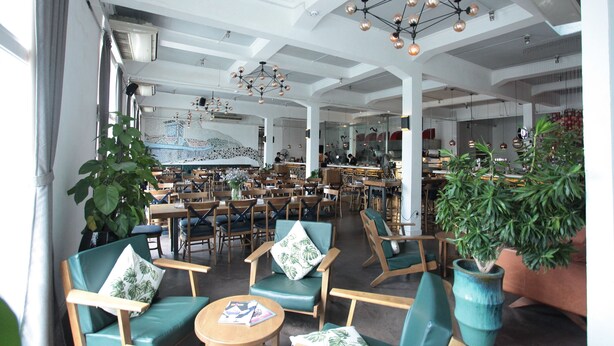 Un vaste espace intérieur aménagé avec différents types de sièges, notamment des chaises et des tables, et une grande plante en pot placée au premier plan.