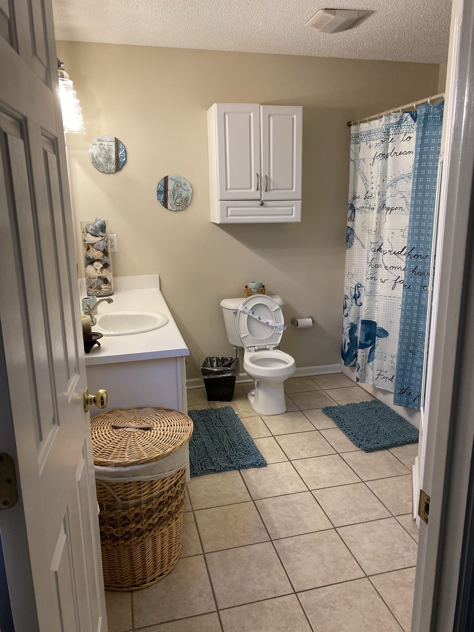 Une salle de bain avec des toilettes, un lavabo et un meuble au-dessus du lavabo. On y trouve deux tapis bleus sur le sol, un panier en osier et une poubelle.