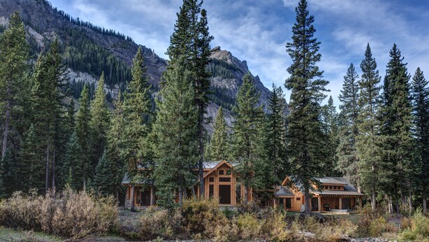 Un chalet au revêtement extérieur en bois, entouré de grands pins et adossé à une montagne.