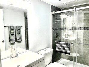 シャワー、ヘアドライヤー、タオル、トイレットペーパー