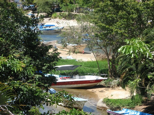 Orilla de río con barcos amarrados, rodeada de abundante vegetación.