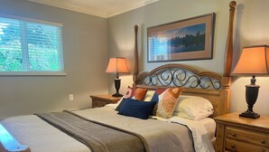 A bedroom with a bed, two bedside tables, a nightstand, a window with blinds, a wall-mounted picture, and a lamp on each bedside table.