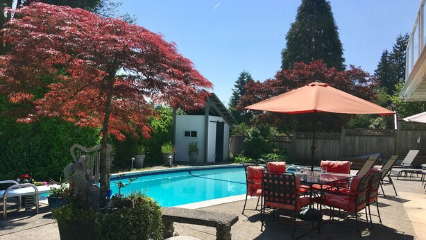 A backyard with a swimming pool, patio furniture, and a red umbrella.