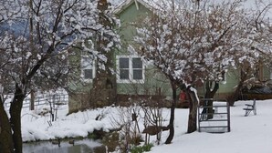 Une maison avec un étang devant, entourée d’arbres couverts de neige.