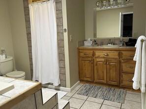 Combined shower/bathtub, hair dryer, towels, soap