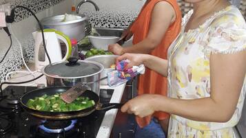 Fridge, coffee/tea maker, cookware/dishes/utensils