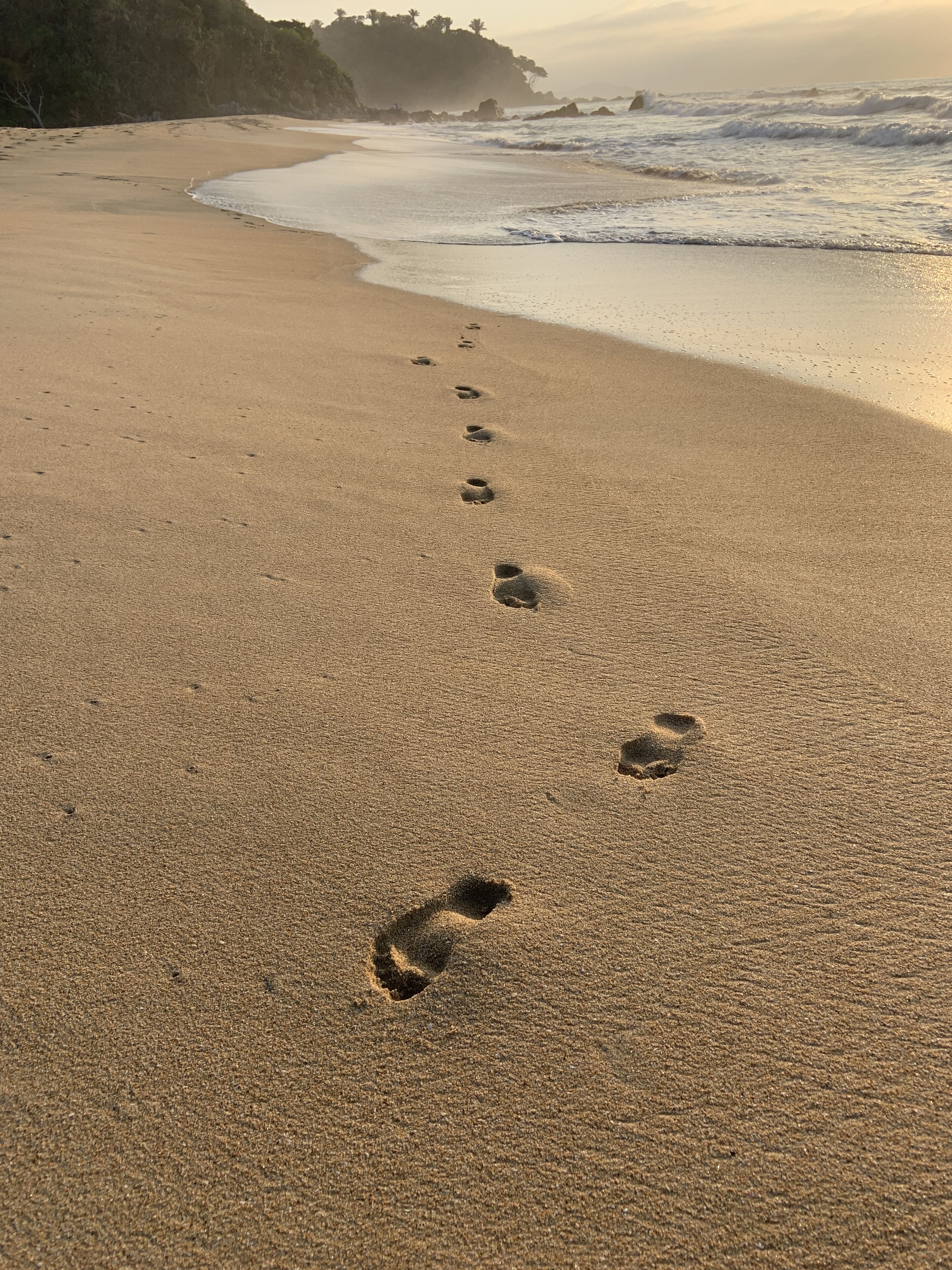 Une plage de sable où l’on peut voir des empreintes de pas qui mènent vers l’océan.