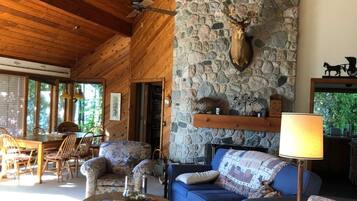 Smart TV, fireplace, DVD player, books