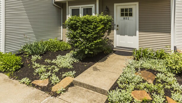 A two-story building with a white door marked with the number 851, a small front yard with plants and stepping stones, and a clear sky. - 3 Bedroom Downtown Townhouse, Close to All!  (Lexington)