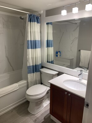 Shower, hair dryer, towels, soap