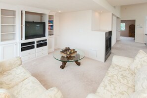 Smart TV, fireplace, DVD player, video library