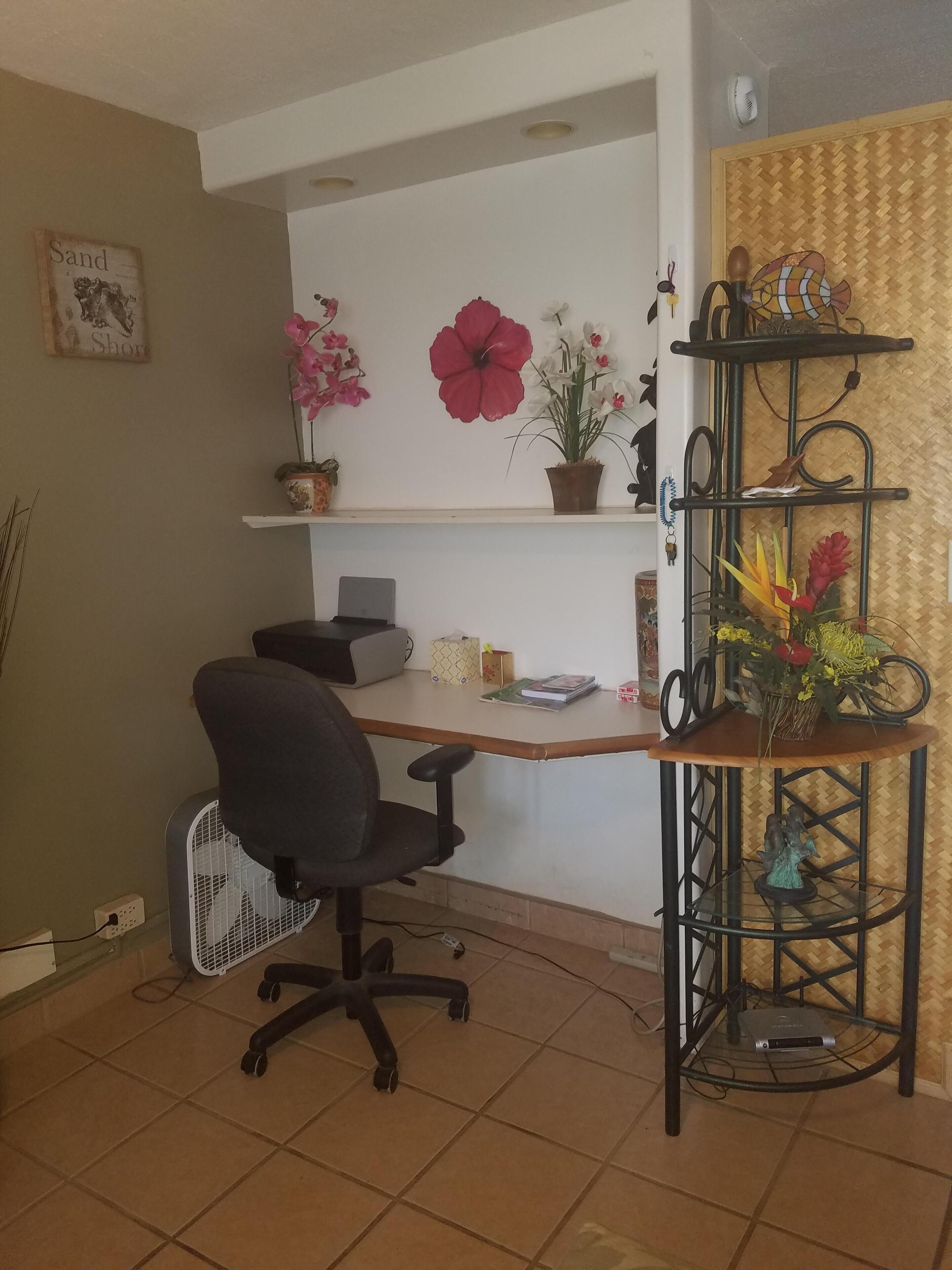 Una oficina en casa con escritorio, silla y estanterías con plantas y objetos decorativos.
