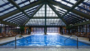 An indoor swimming pool with a glass ceiling, lounge chairs, and a 'No Diving' sign. - Ski In/Out 2BD Top floor W/Amazing Views (Park City)