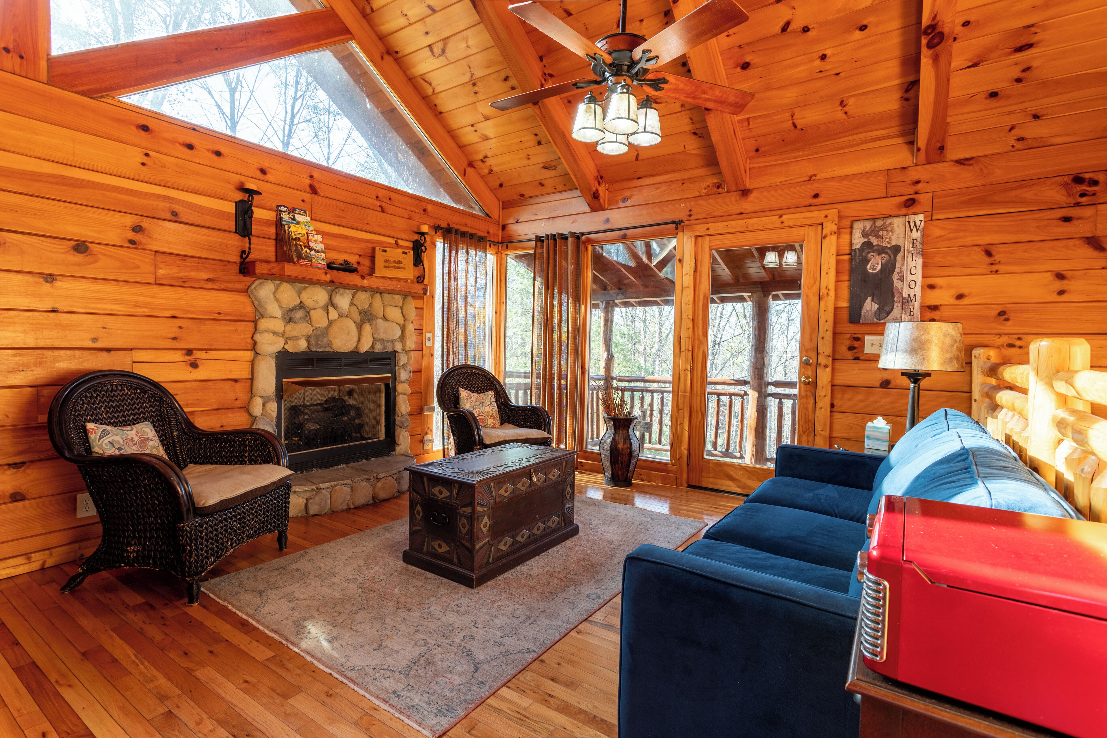 Smart TV, fireplace, video games, DVD player