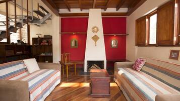 Smart TV, fireplace, DVD player, books