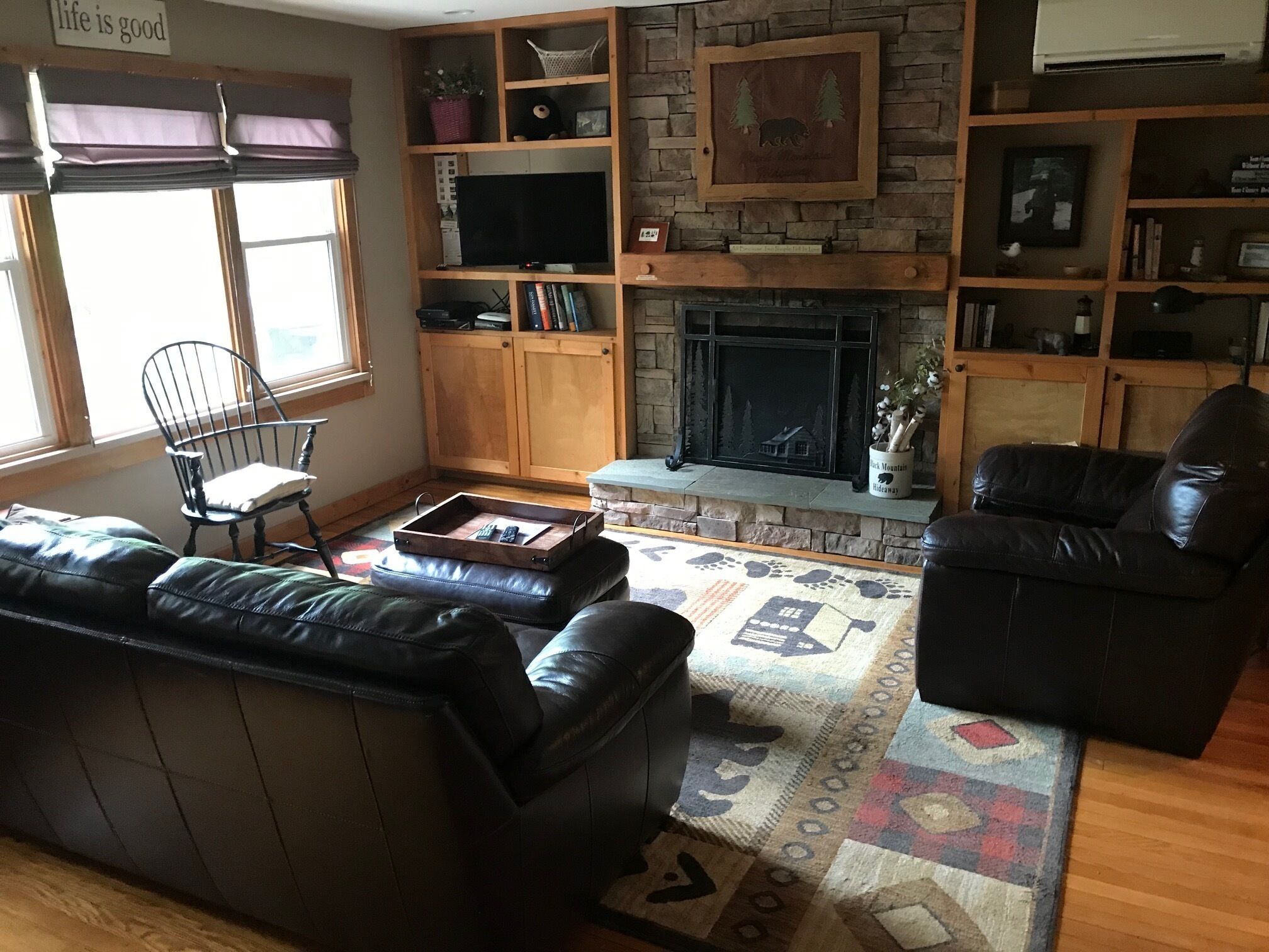 Smart TV, fireplace, books