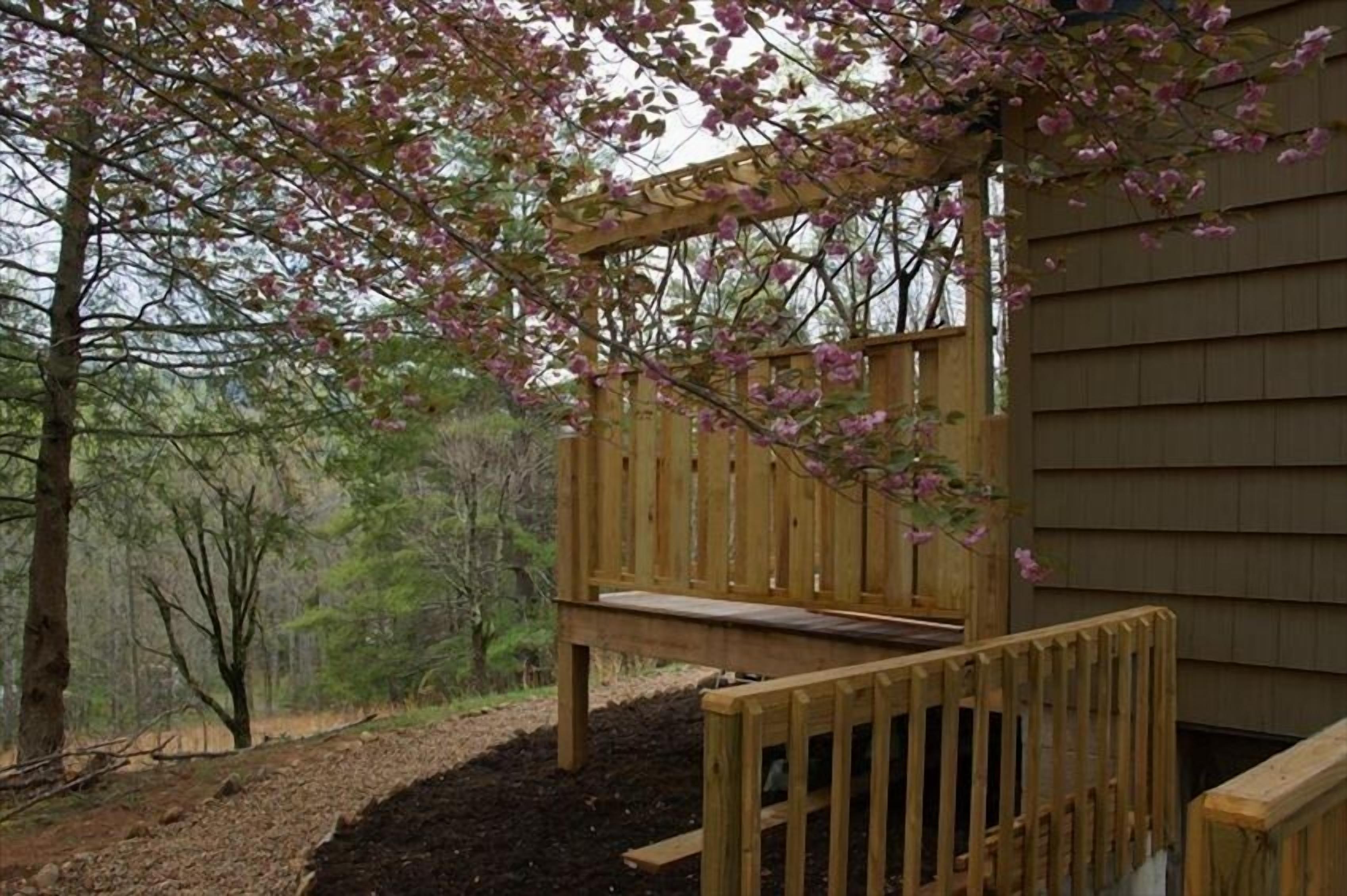 A wooden deck with a bench, surrounded by trees and a wooden fence.