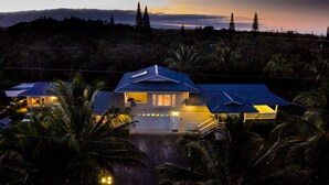 A house with a blue roof and a porch, surrounded by palm trees. - Family Friendly Home, with a Man Cave! (Keaau)