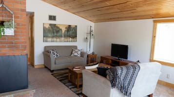 Smart TV, fireplace, DVD player, books