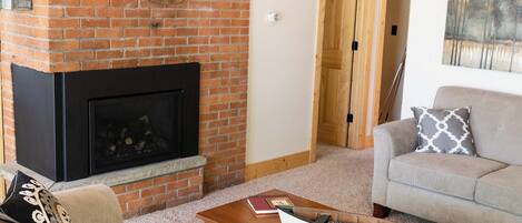 Smart TV, chimenea, reproductor de DVD, libros