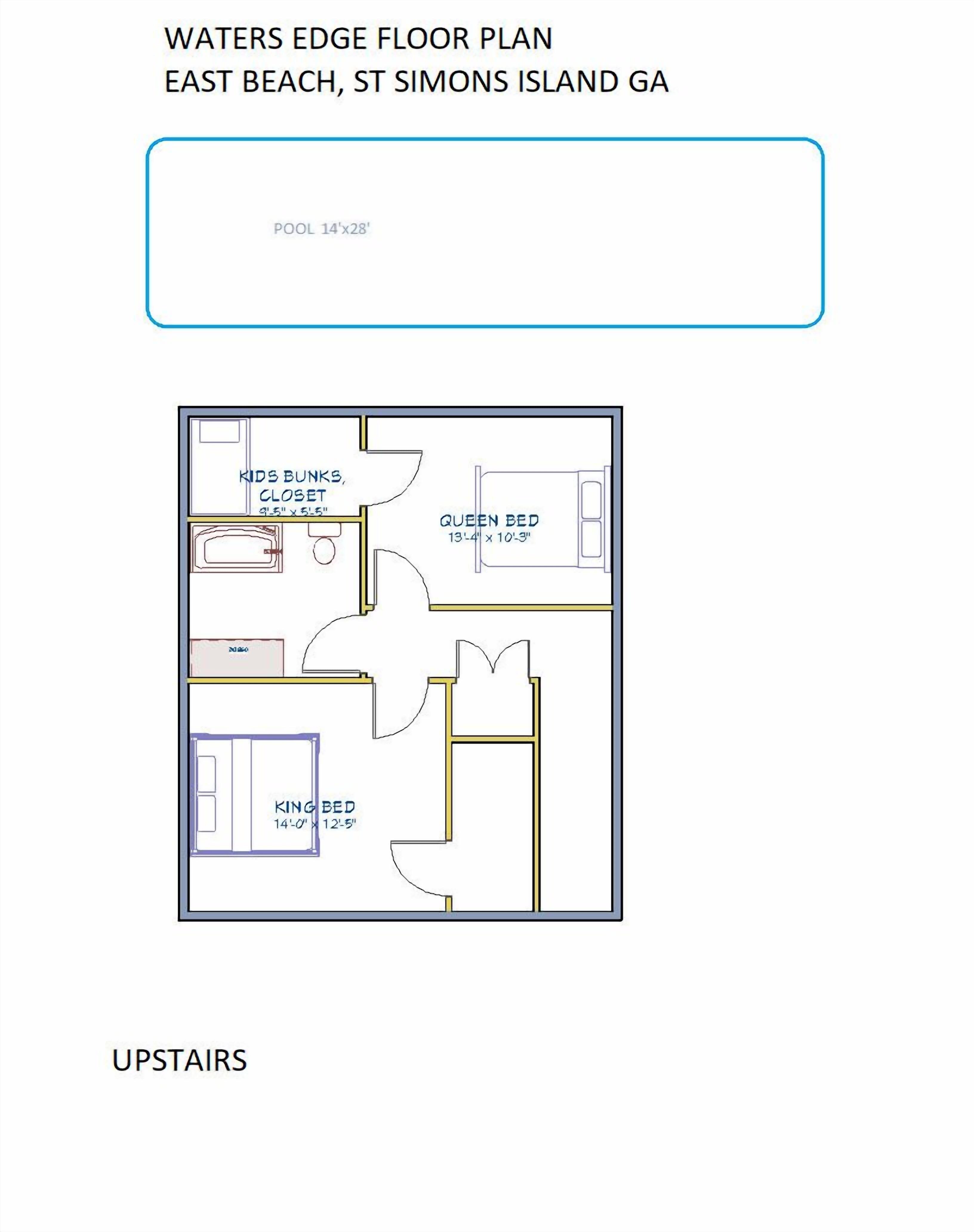 A floor plan of a Waters Edge property in East Beach, St. Simons Island, GA, featuring a pool, kids' bunk, closet, queen bed, king bed, and an upstairs area.