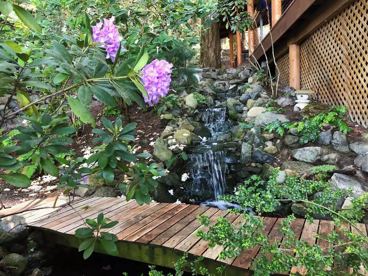 A garden with a wooden deck, a small waterfall, and purple flowers.