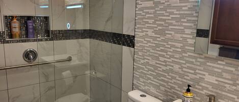 A modern bathroom with a glass shower enclosure, a toilet, and a sink with a mirror above.