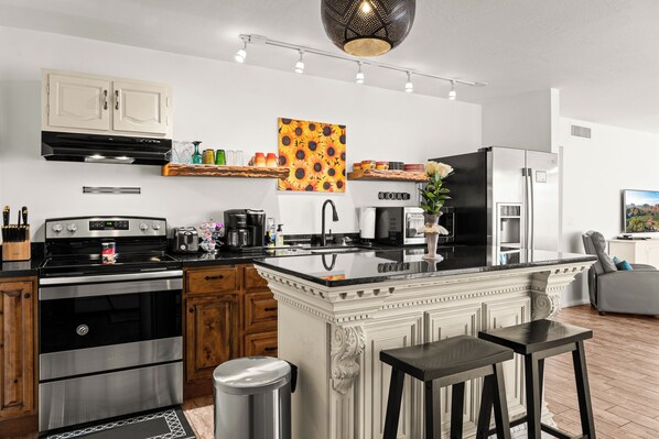 Fridge, microwave, oven, stovetop