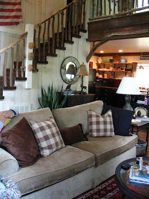 Smart TV, chimenea, reproductor de DVD, libros