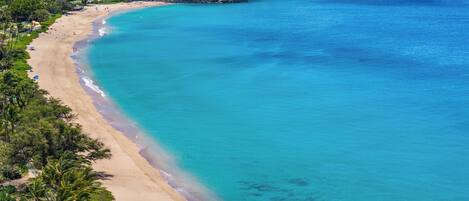 On the beach, sun-loungers, beach towels