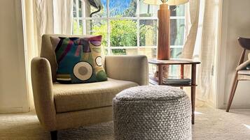 Een smart-tv, een open haard, een dvd-speler en boeken