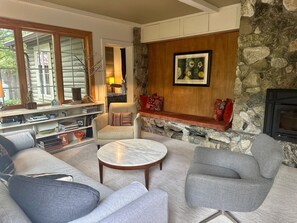 Älytelevisio, takka, DVD-soitin, kirjoja