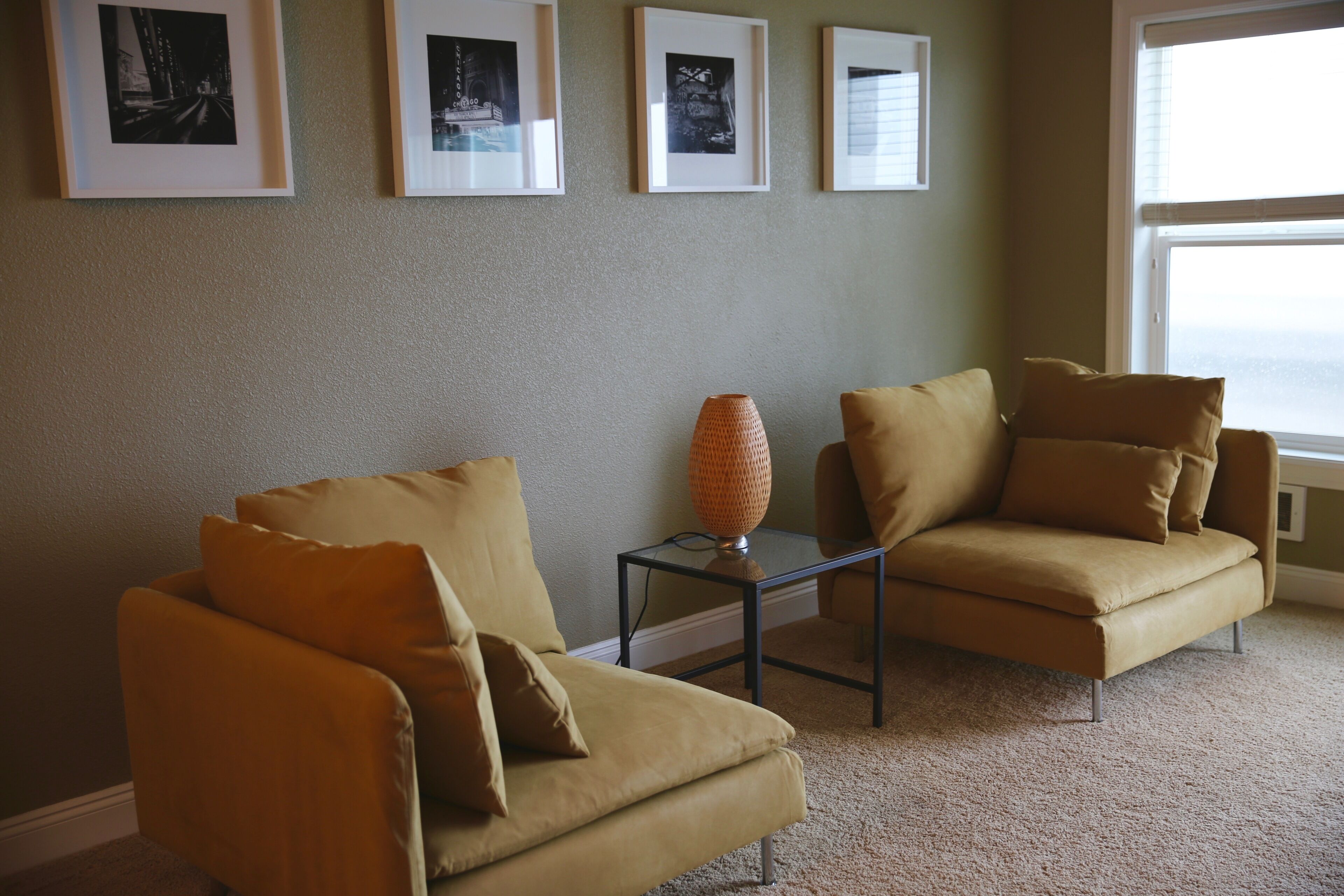 Living room with comfortable oversized chairs.