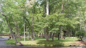 A river flowing through a forested area with a wooden bridge and a small structure near the water. - RIVERFRONT Cabin on Nantahala River, Minutes from NOC (Nantahala)